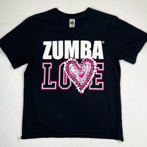 ZUMBA WEAR Women’s “Zumba Love” Short Sleeve Top Size XS Black Hot Pink White